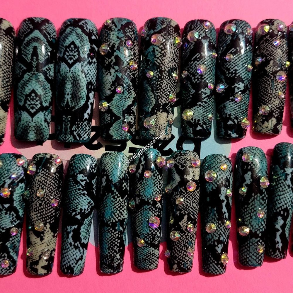 Green and Black Rhinestone Snake Print XL Square Press on Nails